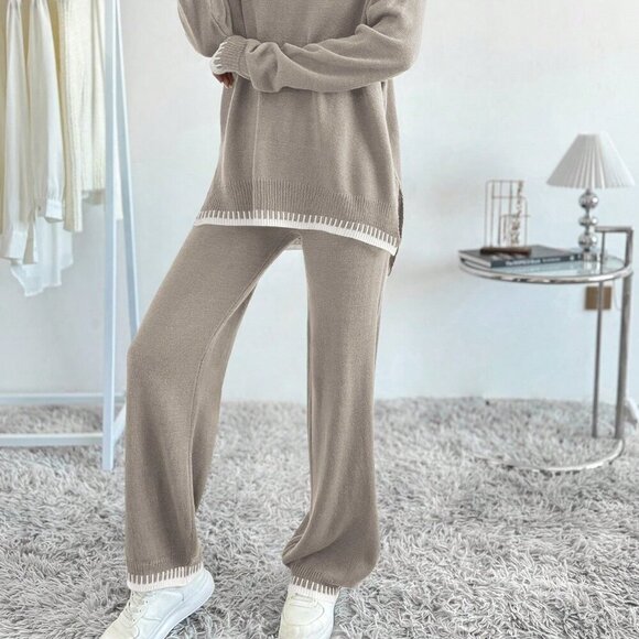 Multicolor Casual Women's Contrast Color Long Sleeve Sweater & Knitted Pants Set - Picture 5 of 6